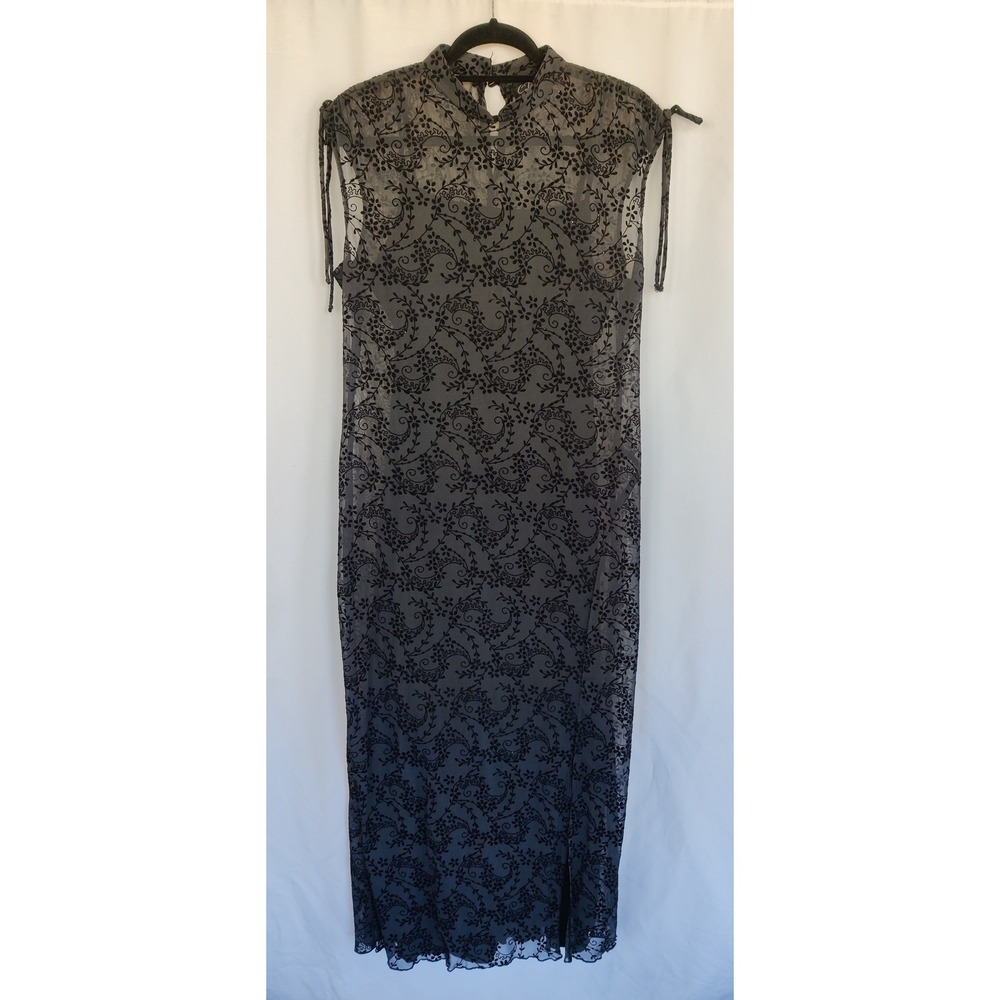 Vintage CDC Black Velvet Mesh Maxi Dress Sheer Floral Mock Neck‎ 14 Whimsigoth